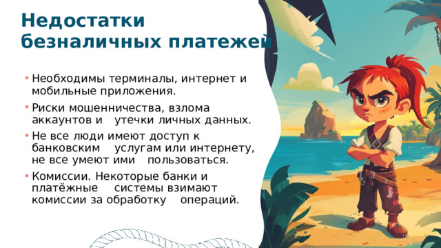 Недостатки  безналичных  платежей Необходимы  терминалы,  интернет  и мобильные  приложения. Риски  мошенничества,  взлома  аккаунтов  и  утечки  личных  данных. Не  все  люди  имеют  доступ  к  банковским  услугам  или  интернету,  не  все  умеют  ими  пользоваться. Комиссии.  Некоторые  банки  и  платёжные  системы  взимают  комиссии  за  обработку  операций.  