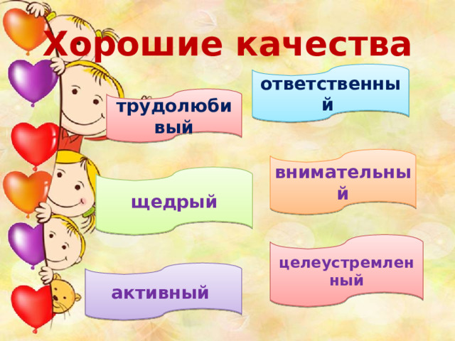 Хорошие качества ответственный трудолюбивый внимательный щедрый целеустремленный активный 