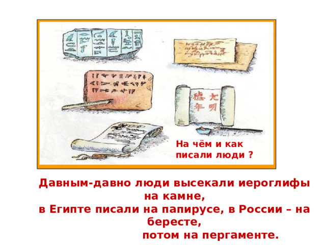 На чём и как писали люди ? Давным-давно люди высекали иероглифы на камне, в Египте писали на папирусе, в России – на бересте,  потом на пергаменте. 