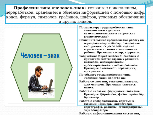 Профессии типа «человек-знак»  связаны с накоплением, переработкой, хранением и обменом информацией с помощью цифр, кодов, формул, символов, графиков, шифров, условных обозначений и других знаков. По характеру труда профессии типа «человек-знак» делятся на исполнительские и творческие (эвристические).  Исполнительские предполагают работу по определённому шаблону, следование инструкции, строгое соблюдение нормативов и техники выполнения работы. Примеры: кассир, корректор.  Творческие (эвристические) связаны с принятием нестандартных решений, анализом, планированием, проектированием и исследованием. Примеры: экономист, переводчик, программист.  По объекту труда профессии типа «человек-знак» делятся на: Работа со словами, текстами, книгами, документами. Примеры: лингвист, юрист. Работа с числами, формулами, знаками. Примеры: фармацевт, физик, провизор, бухгалтер.  Работа с изображениями, картами и схемами. Примеры: диспетчеры, картографы, радисты, стенографисты, звукооператоры.  Работа с информационными системами, интернетом и компьютерами.  