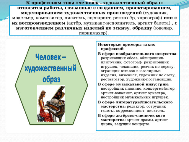 К профессиям типа «человек - художественный образ» относятся   работы, связанные с созданием, проектированием, моделированием художественных произведений  (художник, модельер, композитор, писатель, сценарист, режиссёр, хореограф)  или с их воспроизведением  (актёр, музыкант-исполнитель, артист балета)  , с изготовлением различных изделий по эскизу, образцу  (ювелир, парикмахер).  Некоторые примеры таких профессий : В сфере изобразительного искусства : разрисовщик обоев, облицовщик-плиточник, фотограф, разрисовщик игрушек, чеканщик, резчик по дереву, огранщик вставок в ювелирные изделия, визажист, художник по свету, реставратор, художник-постановщик.  В сфере музыкальной индустрии : настройщик пианино, концертмейстер, артист-вокалист, артист оркестра, настройщик музыкальных игрушек.  В сфере литературы/писательского мастерства : редактор, сотрудник газеты, корреспондент, писатель.  В сфере актёрско-сценического мастерства : артист драмы, артист цирка, ведущий концерта. 
