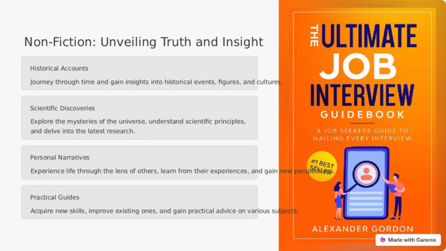 Non-Fiction: Unveiling Truth and Insight Historical Accounts Journey through time and gain insights into historical events, figures, and cultures. Scientific Discoveries Explore the mysteries of the universe, understand scientific principles, and delve into the latest research. Personal Narratives Experience life through the lens of others, learn from their experiences, and gain new perspectives. Practical Guides Acquire new skills, improve existing ones, and gain practical advice on various subjects.  