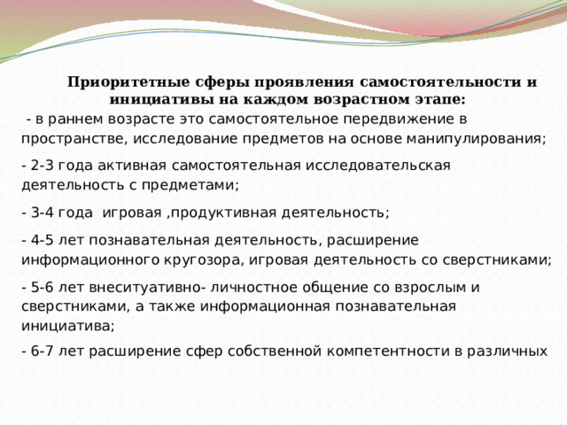  Приоритетные сферы проявления самостоятельности и инициативы на каждом возрастном этапе:  - в раннем возрасте это самостоятельное передвижение в пространстве, исследование предметов на основе манипулирования; - 2-3 года активная самостоятельная исследовательская деятельность с предметами; - 3-4 года игровая ,продуктивная деятельность; - 4-5 лет познавательная деятельность, расширение информационного кругозора, игровая деятельность со сверстниками; - 5-6 лет внеситуативно- личностное общение со взрослым и сверстниками, а также информационная познавательная инициатива; - 6-7 лет расширение сфер собственной компетентности в различных  