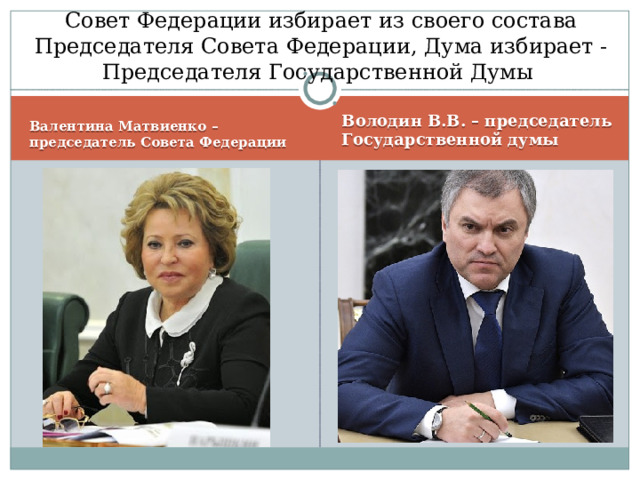 Совет Федерации избирает из своего состава Председателя Совета Федерации, Дума избирает -Председателя Государственной Думы Володин В.В. – председатель Государственной думы  Валентина Матвиенко – председатель Совета Федерации  