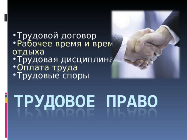 Трудовой договор Рабочее время и время отдыха Трудовая дисциплина Оплата труда Трудовые споры 