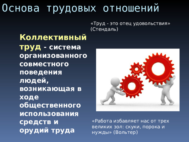 Основа трудовых отношений «Труд - это отец удовольствия» (Стендаль)  Коллективный труд - система организованного совместного поведения людей, возникающая в ходе общественного использования средств и орудий труда «Работа избавляет нас от трех великих зол: скуки, порока и нужды» (Вольтер) 