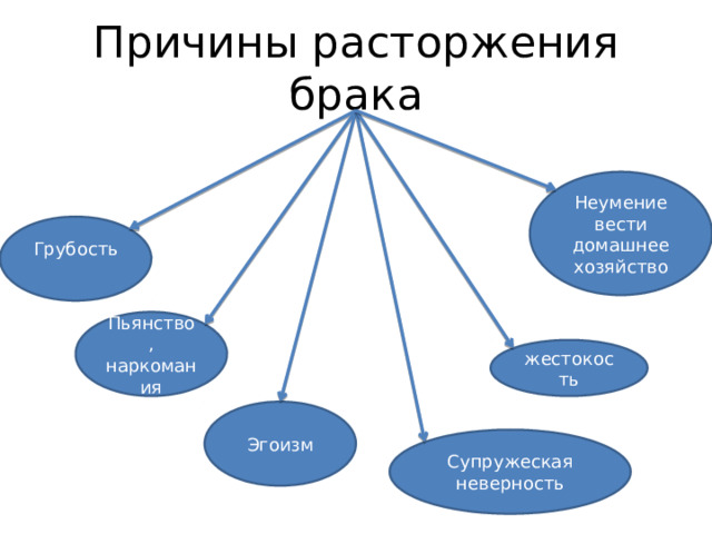 Причины расторжения брака Неумение вести домашнее хозяйство Грубость  Пьянство, наркомания жестокость Эгоизм Супружеская неверность 