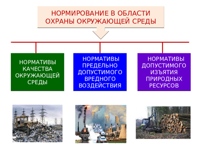 НОРМИРОВАНИЕ В ОБЛАСТИ ОХРАНЫ ОКРУЖАЮЩЕЙ СРЕДЫ НОРМАТИВЫ КАЧЕСТВА ОКРУЖАЮЩЕЙ СРЕДЫ  НОРМАТИВЫ ПРЕДЕЛЬНО ДОПУСТИМОГО ВРЕДНОГО ВОЗДЕЙСТВИЯ  НОРМАТИВЫ ДОПУСТИМОГО ИЗЪЯТИЯ ПРИРОДНЫХ РЕСУРСОВ 