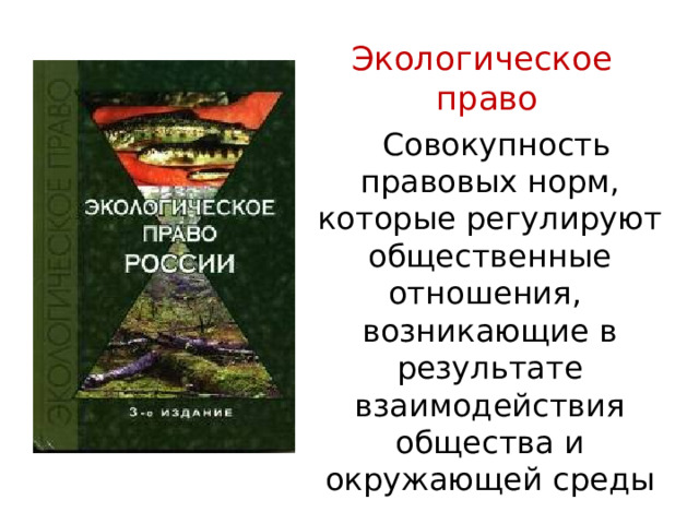 Экологическое право  Совокупность правовых норм, которые регулируют общественные отношения, возникающие в результате взаимодействия общества и окружающей среды 