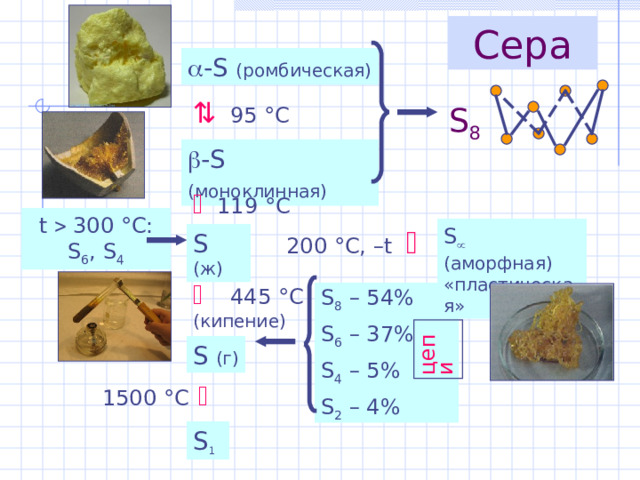 цепи  Сера  - S (ромбическая)    95 ° С S 8  -S (моноклинная)    119 ° С t  300 °C: S 6 , S 4 200 ° С, – t    S   ( аморфная ) «пластическая» S  ( ж )   44 5 ° С (кипение) S 8 – 54% S 6 – 37% S 4 – 5% S 2 – 4% S  ( г ) 1500 °С   S 1 