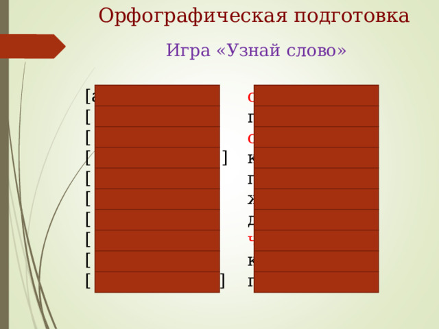 Орфографическая подготовка Игра «Узнай слово» [аднажды] [ падашлʼи ] [ астарожна ] [ крошычʼныйʼ ] [ галавастыйʼ ] [ жалабна ] [ данасʼилсʼа ] [ штобы ] [ клʼуф ] [ папʼискʼивал ] о днажды п о д о шли о ст о рожн о крош ечн ый г о л о вастый жал о бн о д о н о сился ч тобы клю в п о писк и вал 