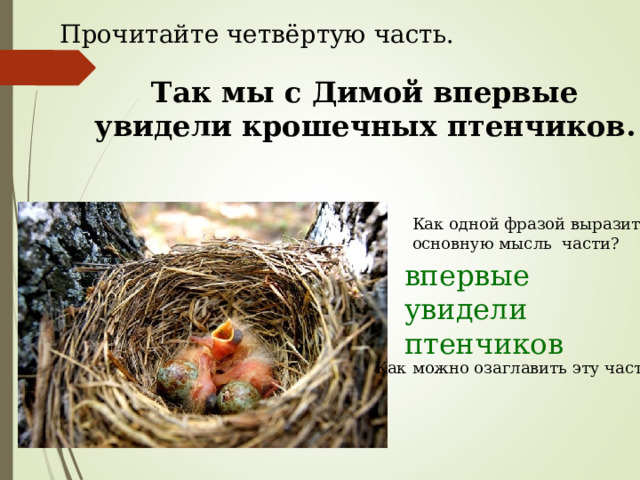 Прочитайте четвёртую часть.  Так мы с Димой впервые увидели крошечных птенчиков.  Как одной фразой выразить основную мысль части? впервые увидели птенчиков Как можно озаглавить эту часть? 