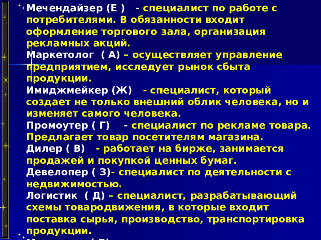 Мечендайзер (Е ) - специалист по работе с потребителями. В обязанности входит оформление торгового зала, организация рекламных акций. Маркетолог ( А) – осуществляет управление предприятием, исследует рынок сбыта продукции. Имиджмейкер (Ж) - специалист, который создает не только внешний облик человека, но и изменяет самого человека. Промоутер ( Г) - специалист по рекламе товара. Предлагает товар посетителям магазина. Дилер ( В) - работает на бирже, занимается продажей и покупкой ценных бумаг. Девелопер ( З) - специалист по деятельности с недвижимостью. Логистик ( Д) – специалист, разрабатывающий схемы товародвижения, в которые входит поставка сырья, производство, транспортировка продукции. Менеджер ( Б) – организует деятельность персонала фирмы, разрабатывает бизнес – планы, регулирует процессы приема, подбора работников.   