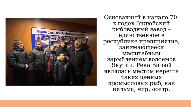 Основанный в начале 70-х годов Вилюйский рыбоводный завод – единственное в республике предприятие, занимающееся масштабным зарыблением водоемов Якутии. Река Вилюй являлась местом нереста таких ценных промысловых рыб, как нельма, чир, осетр. Вставьте  Заголовок слайда 