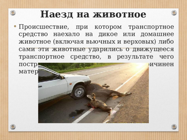 Наезд на животное Происшествие, при котором транспортное средство наехало на дикое или домашнее животное (включая вьючных и верховых) либо сами эти животные ударились о движущееся транспортное средство, в результате чего пострадали люди или причинен материальный ущерб. 