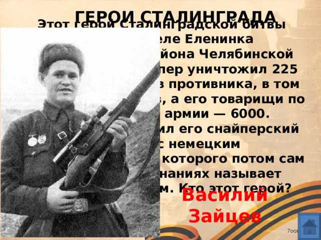 ГЕРОИ СТАЛИНГРАДА Этот герой Сталинградской битвы родился в селе Еленинка Карталинского района Челябинской области. Как снайпер уничтожил 225 солдат и офицеров противника, в том числе 11 снайперов, а его товарищи по оружию в 62-й армии — 6000. Особенно прославил его снайперский поединок с немецким «сверхснайпером», которого потом сам в своих воспоминаниях называет майором Кёнингом. Кто этот герой? Василий Зайцев  