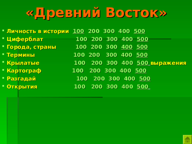 «Древний Восток»    Личность в истории  100  200  300  400  500 Циферблат  100  200  300  400  500 Города, страны  100  200  300  400  500 Термины  100  200  300  400  500 Крылатые 100  200  300  400  500  выражения Картограф 100  200  300  400  500 Разгадай  100  200  300  400  500 Открытия 100  200  300  400  500    