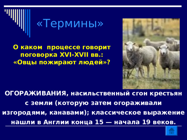 «Термины» О каком процессе говорит поговорка XVI-XVII вв.: «Овцы пожирают людей»? ОГОРАЖИВАНИЯ, насильственный сгон крестьян с земли (которую затем огораживали изгородями, канавами); классическое выражение нашли в Англии конца 15 — начала 19 веков. 