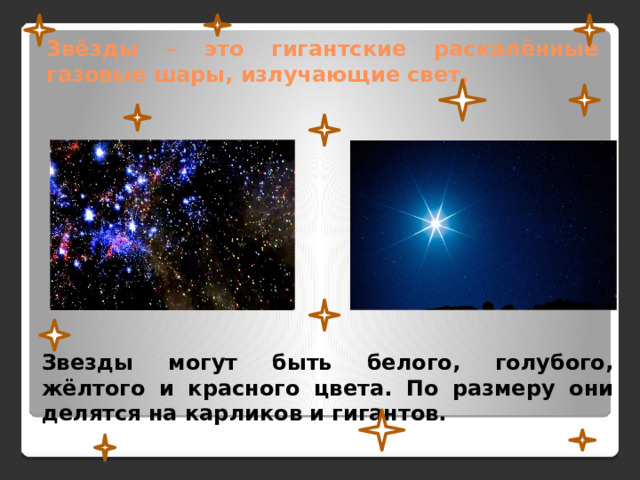 Звёзды – это гигантские раскалённые газовые шары, излучающие свет. Звезды могут быть белого, голубого, жёлтого и красного цвета. По размеру они делятся на карликов и гигантов. 