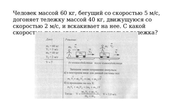 Человек массой 60 кг, бегущий со скоростью 5 м/с, догоняет тележку массой 40 кг, движущуюся со скоростью 2 м/с, и вскакивает на нее. С какой скоростью после этого станет двигаться тележка? 