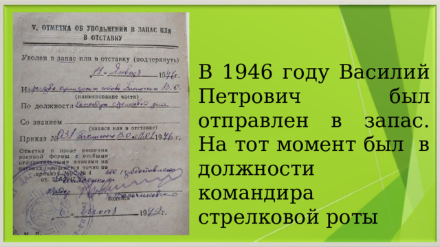 В 1946 году Василий Петрович был отправлен в запас. На тот момент был в должности командира стрелковой роты 
