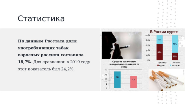 Статистика По данным Росстата доля употребляющих табак взрослых россиян составила 18,7% . Для сравнения: в 2019 году этот показатель был 24,2%.   