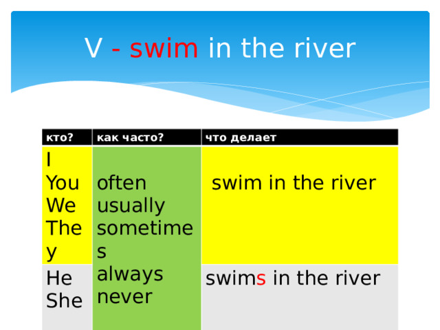 V - swim in the river кто? как часто? I что делает He You often She We They usually swim s in the river  swim in the river sometimes always never 