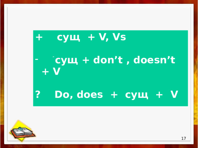 + cущ + V, Vs   cущ + don’t , doesn’t + V  ? Do, does + сущ + V -  