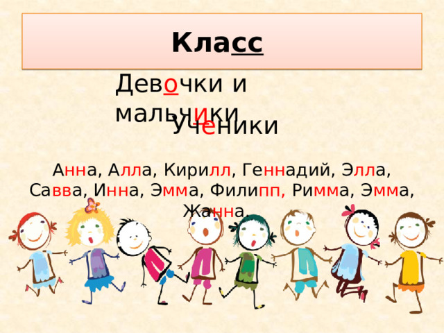 Кла сс  Дев о чки и мальч и ки Уч е ники А нн а, А лл а, Кири лл , Ге нн адий, Э лл а, Са вв а, И нн а, Э мм а, Фили пп, Ри мм а, Э мм а, Жа нн а. 