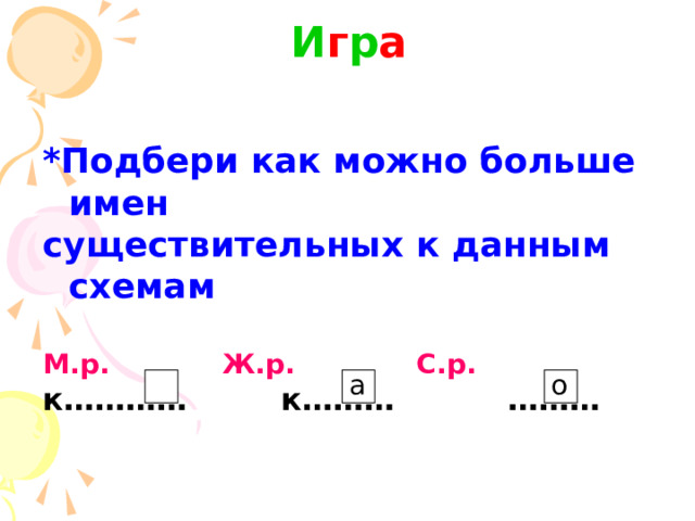 И г р а *Подбери как можно больше имен существительных к данным схемам  М.р. Ж.р. С.р. к…………  к………  ……… а о 