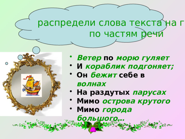 распредели слова текста на группы по частям речи Ветер  по  морю гуляет И  кораблик подгоняет; Он  бежит  себе в  волнах На  раздутых  парусах Мимо  острова крутого Мимо  города большого… 