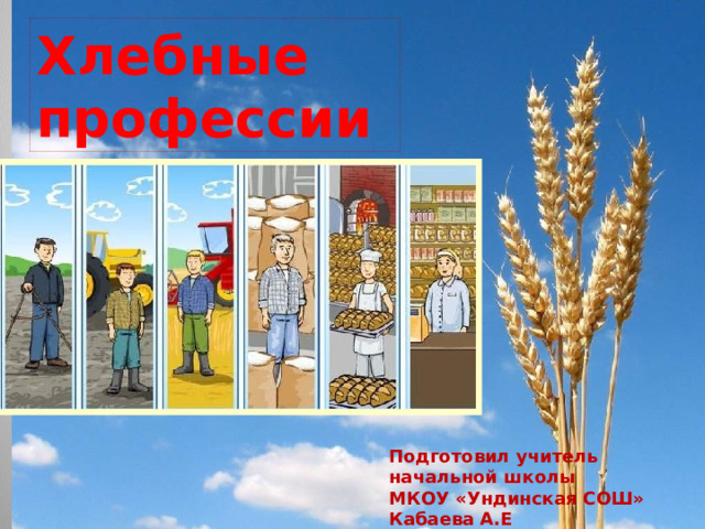 Хлебные профессии Подготовил учитель начальной школы МКОУ «Ундинская СОШ» Кабаева А.Е 