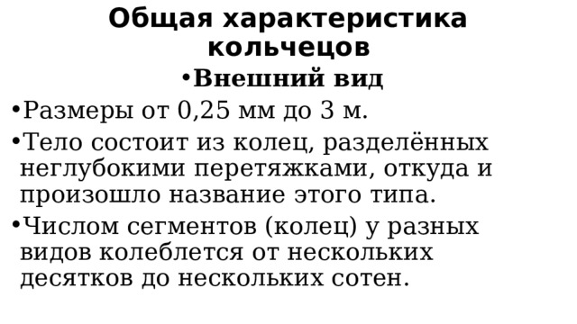 Общая характеристика кольчецов   Внешний вид Размеры от 0,25 мм до 3 м. Тело состоит из колец, разделённых неглубокими перетяжками, откуда и произошло название этого типа. Числом сегментов (колец) у разных видов колеблется от нескольких десятков до нескольких сотен. 