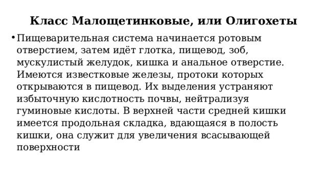 Класс Малощетинковые, или Олигохеты   Пищеварительная система начинается ротовым отверстием, затем идёт глотка, пищевод, зоб, мускулистый желудок, кишка и анальное отверстие. Имеются известковые железы, протоки которых открываются в пищевод. Их выделения устраняют избыточную кислотность почвы, нейтрализуя гуминовые кислоты. В верхней части средней кишки имеется продольная складка, вдающаяся в полость кишки, она служит для увеличения всасывающей поверхности 