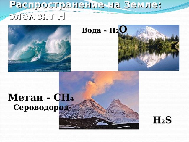 Распространение на Земле: элемент Н  Вода – Н 2 О Метан -  CH 4  Сероводород-  H 2 S 