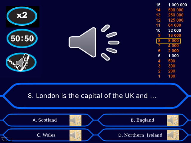 8. London is the capital of the UK and … А. Scotland B . England D . Northern Ireland C . Wales 