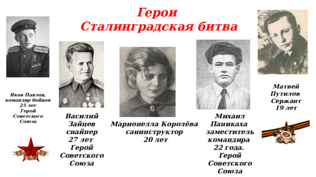 Герои Сталинградская битва Матвей Путилов Сержант 19 лет   Яков Павлов,  командир бойцов  25 лет  Герой Советского Союза Василий Зайцев Михаил Паникаха  заместитель командира снайпер 22 года. 27 лет Герой Советского Союза   Герой Советского Союза Марионелла Королёва санинструктор  20 лет   