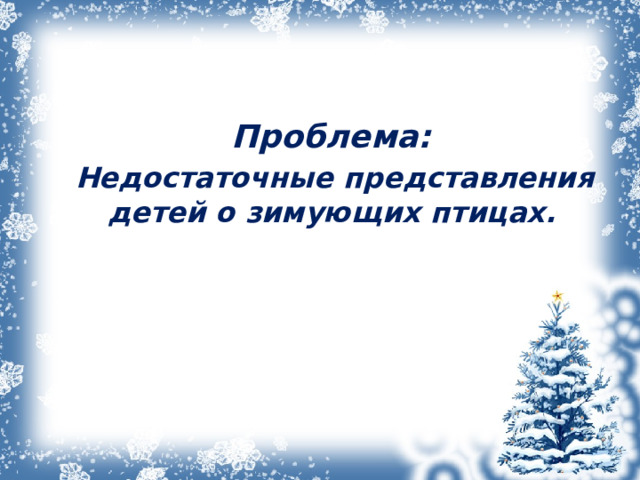  Проблема:  Недостаточные представления детей о зимующих птицах.  