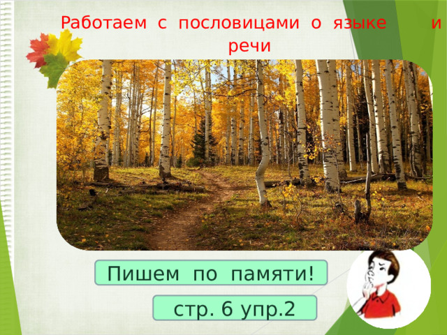  Работаем с пословицами о языке и речи   В доброй беседе всяк ума копит. Умные речи приятно и слушать. Сперва подумай, потом скажи. По речам узнают человека. Что на уме, то и на языке. Язык мой - друг мой.   Пишем по памяти! стр. 6 упр.2 