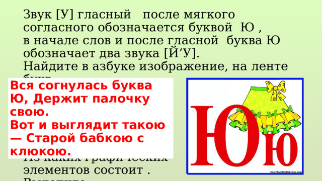 Звук [У] гласный после мягкого согласного обозначается буквой Ю , в начале слов и после гласной буква Ю обозначает два звука [Й’У]. Найдите в азбуке изображение, на ленте букв. Из каких графических элементов состоит . Вылепите. Вся согнулась буква Ю, Держит палочку свою. Вот и выглядит такою — Старой бабкою с клюкою. 