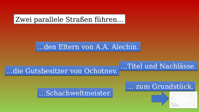 Zwei parallele Straßen führen… … den Eltern von A.A. Alechin. … Titel und Nachlässe. … die Gutsbesitzer von Ochotnev. … zum Grundstück. … Schachweltmeister. 