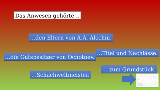 Das Anwesen gehörte… … den Eltern von A.A. Alechin. … Titel und Nachlässe. … die Gutsbesitzer von Ochotnev. … zum Grundstück. … Schachweltmeister. 