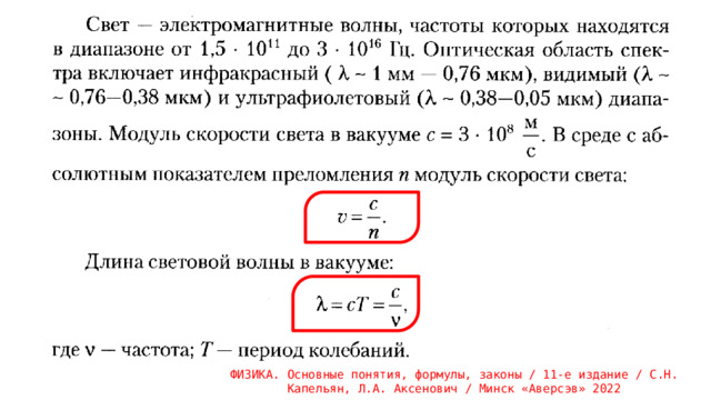 ФИЗИКА. Основные понятия, формулы, законы / 11-е издание / С.Н. Капельян, Л.А. Аксенович / Минск «Аверсэв» 2022 