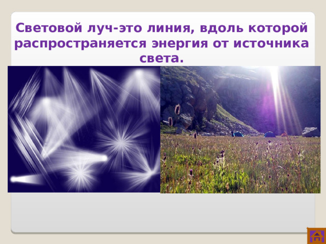 Световой луч-это линия, вдоль которой распространяется энергия от источника света. 