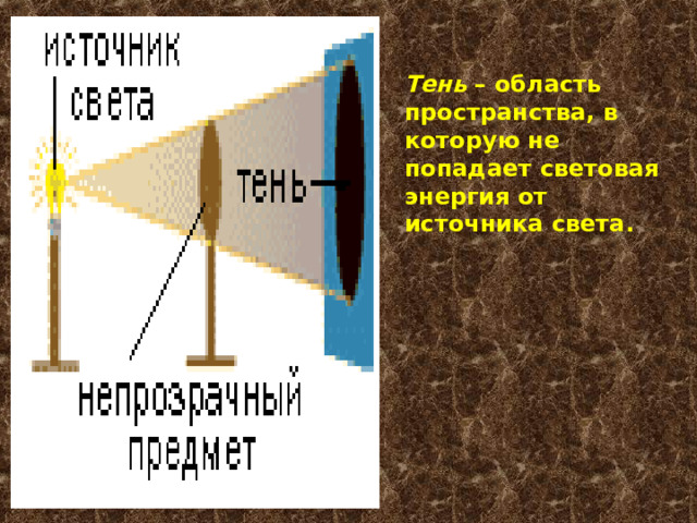 Тень – область пространства,  в которую не попадает световая энергия от источника света.  