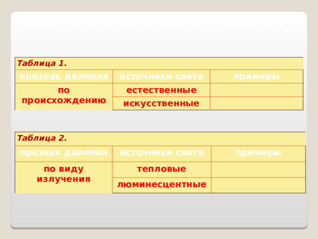 Заполните таблицы, приведя примеры источников света Таблица 1. признак деления источники света по происхождению естественные примеры искусственные Таблица 2. признак деления источники света по виду излучения примеры тепловые люминесцентные  