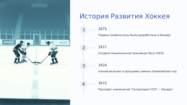  История Развития Хоккея 1875 1 Первые правила игры были разработаны в Канаде. 1917 2 Создана Национальная Хоккейная Лига (НХЛ). 1924 3 Хоккей включен в программу зимних Олимпийских игр. 1972 4 Проходит знаменитый 