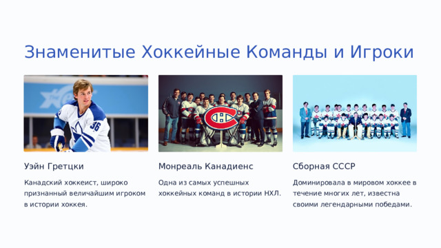  Знаменитые Хоккейные Команды и Игроки Уэйн Гретцки Монреаль Канадиенс Сборная СССР Канадский хоккеист, широко признанный величайшим игроком в истории хоккея. Доминировала в мировом хоккее в течение многих лет, известна своими легендарными победами. Одна из самых успешных хоккейных команд в истории НХЛ. 