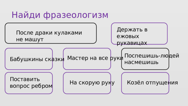 Найди фразеологизм  Держать в ежовых рукавицах После драки кулаками не машут Поспешишь-людей насмешишь Мастер на все руки Бабушкины сказки Поставить вопрос ребром На скорую руку Козёл отпущения 