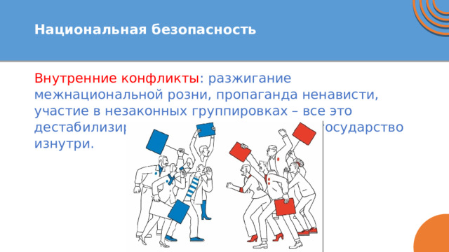  Национальная безопасность   Внутренние конфликты : разжигание межнациональной розни, пропаганда ненависти, участие в незаконных группировках – все это дестабилизирует общество и ослабляет государство изнутри. 